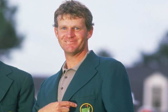 Sandy Lyle poses proudly in his green jacket after winningThe Masters in 1988. Picture: Getty Images