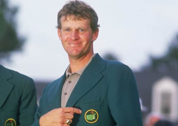Sandy Lyle poses proudly in his green jacket after winningThe Masters in 1988. Picture: Getty Images
