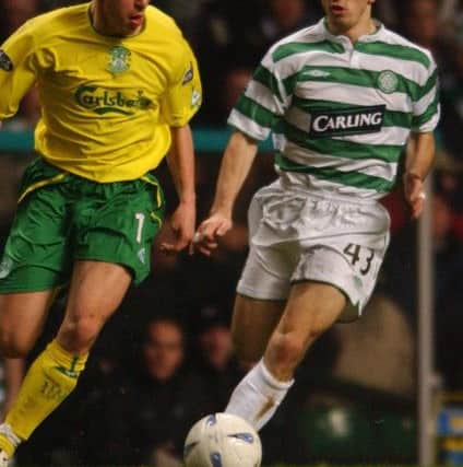 Celtic's Liam Miller in action against Scott Brown of Hibs during a match at Parkhead in December 2003. Picture: Paul Parke