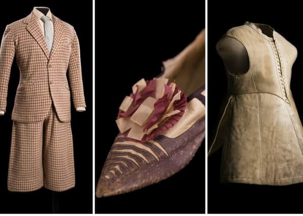 Pictured from left to right: The Duke of Windsor's wool plus fours and jacket; a lady's court shoe and a leather jerkin linked to Charles I. PICS: Courtesy of Historic Royal Palaces.