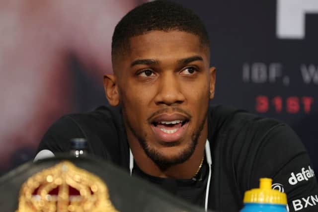 Anthony Joshua speaks ahead of his world heavyweight title unification fight against New Zealand's Joseph Parker. Picture: Daniel Leal-Olivas/AFP/Getty Images