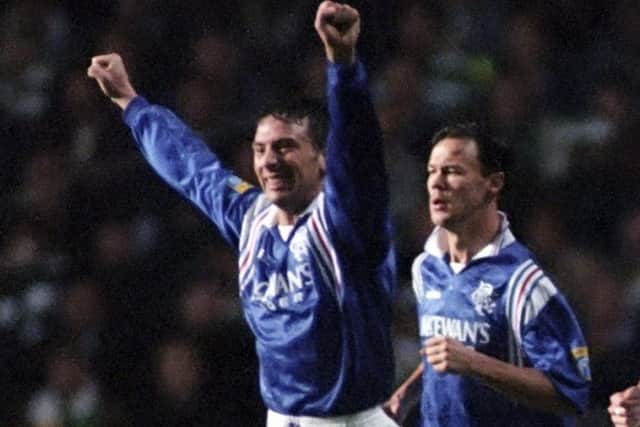 Derek McInnes celebrates a Rangers goal against Celtic in 1996 alongside Joachim Bjorklund. Picture: SNS