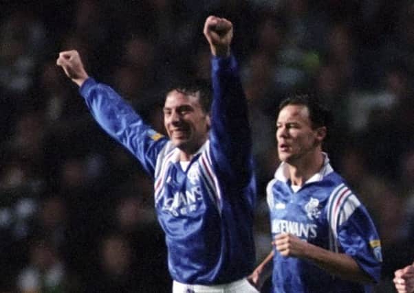 Derek McInnes celebrates a Rangers goal against Celtic in 1996 alongside Joachim Bjorklund. Picture: SNS