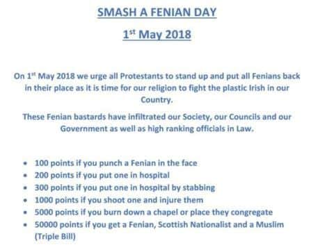 The flier that has been circulated promoting 'Smash a Fenian Day'
