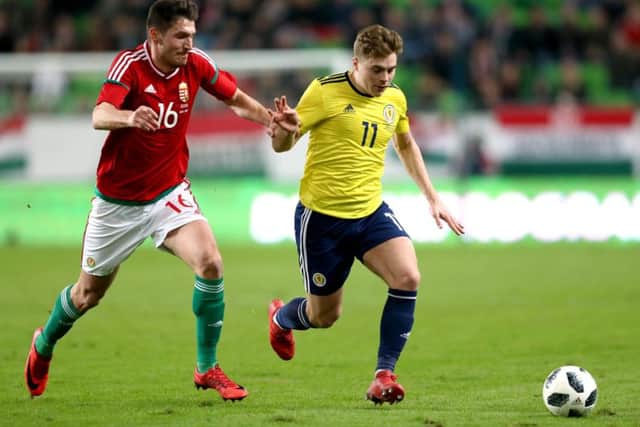 James Forrest, right, during Scotland's win over Hungary on Tuesday evening. Picture: PA