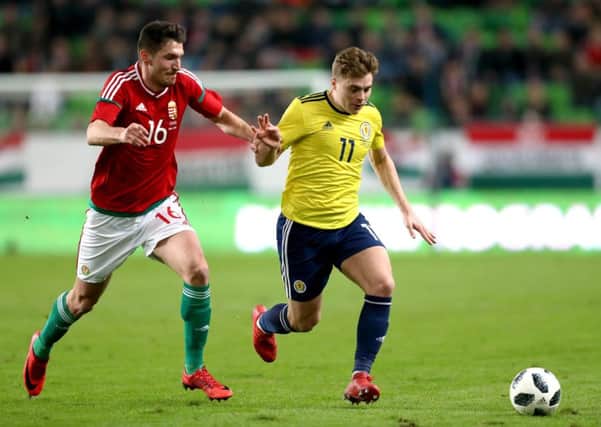James Forrest, right, during Scotland's win over Hungary on Tuesday evening. Picture: PA