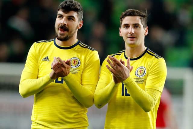 Callum Paterson and Kenny McLean after Scotland's win in Hungary. Picture: Getty