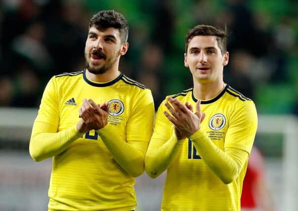 Callum Paterson and Kenny McLean after Scotland's win in Hungary. Picture: Getty