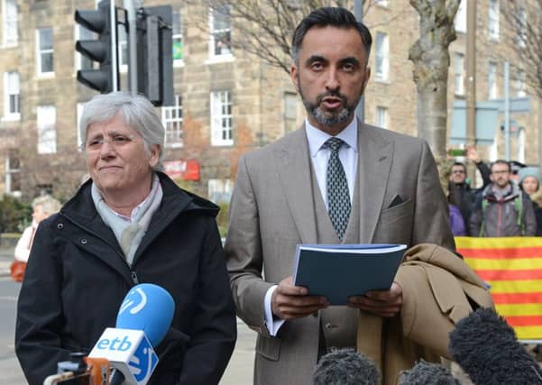 Clara Ponsati appeared outside court in Edinburgh with lawyer Aamer Anwar. Picture: Jon Savage.