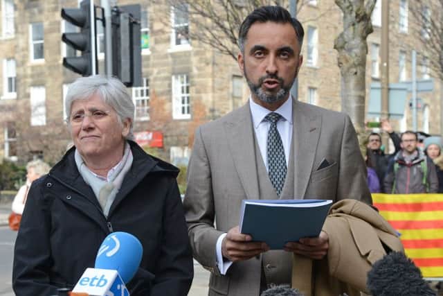 Clara Ponsati appeared outside court in Edinburgh with lawyer Aamer Anwar. Picture: Jon Savage.