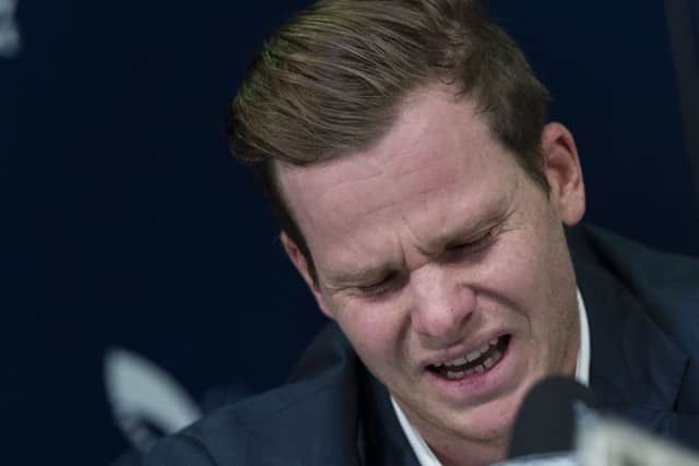 An emotional Steve Smith addresses the media. Picture: Getty images
