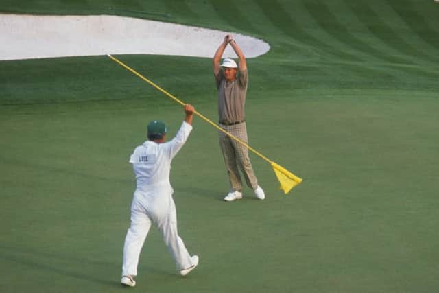 Sandy Lyle celebrates his Masters-winning putt on the 18th green at Augusta National in 1988. Picture: Getty Images