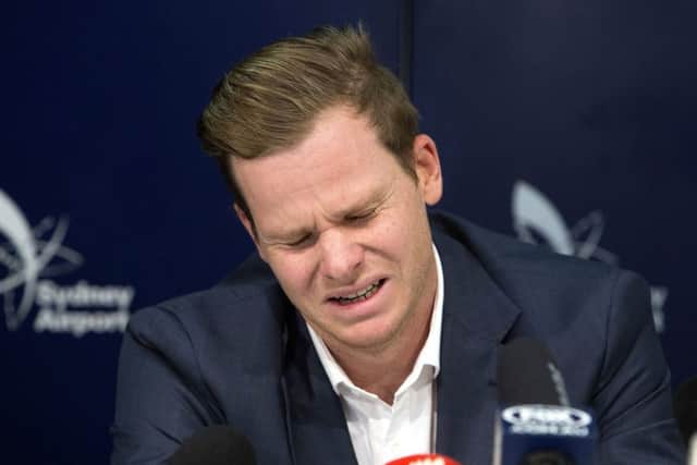 Former Australian cricket captain Steve Smith at a press conference at Sydney airport. Picture: Steve Christo/AP