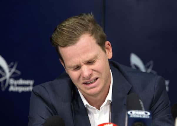 Former Australian cricket captain Steve Smith at a press conference at Sydney airport. Picture: Steve Christo/AP