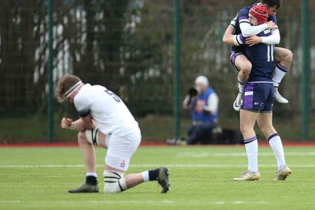Scotland U-18 celebrate after beating England at the Six Nations Festival. Picture: Gareth Everett/Huw Evans/REX/Shutterstock