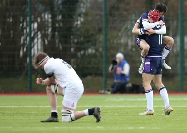 Scotland U-18 celebrate after beating England at the Six Nations Festival. Picture: Gareth Everett/Huw Evans/REX/Shutterstock