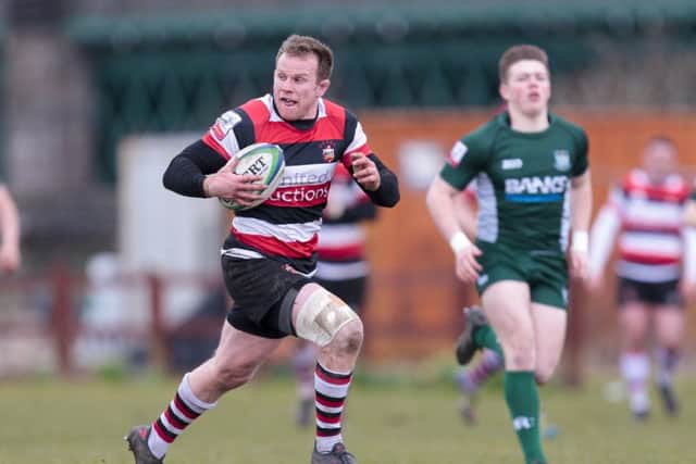 Christ Fusaro scores Stirling County's fifth try against Hawick. Picture: SNS.