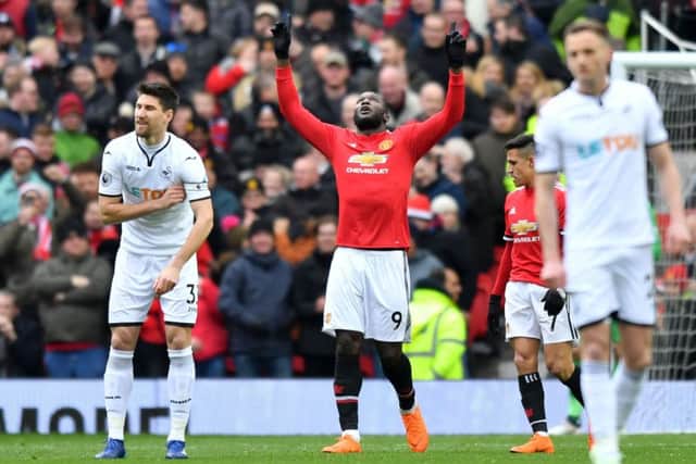 Romelu Lukaku celebrates scoring for Manchester United against Swansea. Picture: SNS.