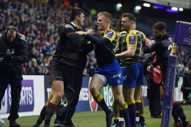 Edinburgh's Blair Kinghorn and Lloyd Williams of Cardiff get caught up in an altercation at BT Murrayfield. Picture: Paul Devlin/SNS