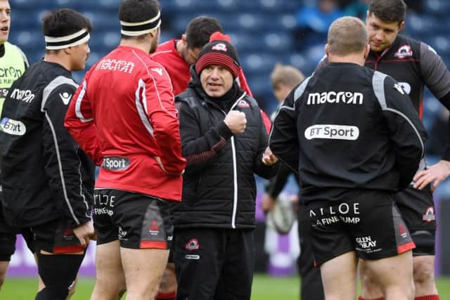Edinburgh head coach Richard Cockerill addresses his team at the Challenge Cup quarter-final at BT Murrayfield. Paul Devlin/SNS