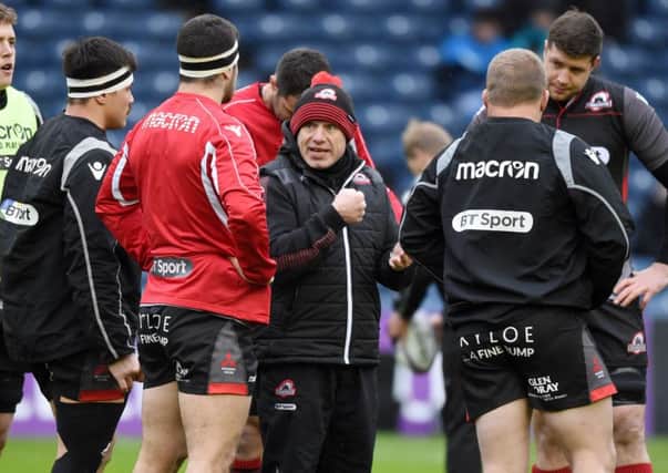 Edinburgh head coach Richard Cockerill addresses his team at the Challenge Cup quarter-final at BT Murrayfield. Paul Devlin/SNS
