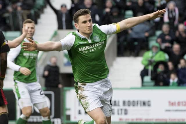 Paul Hanlon celebrates his 76th-minute goal at Easter Road. Picture: Ross Parker/SNS