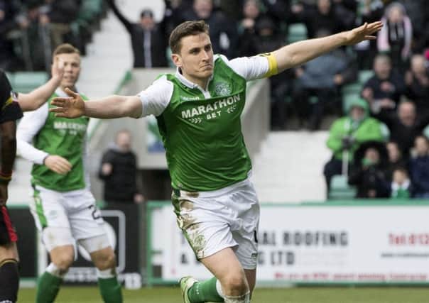 Paul Hanlon celebrates his 76th-minute goal at Easter Road. Picture: Ross Parker/SNS
