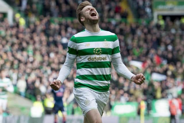 Celtic's Stuart Armstrong celebrates after scoring to make it 2-0. Picture: SNS