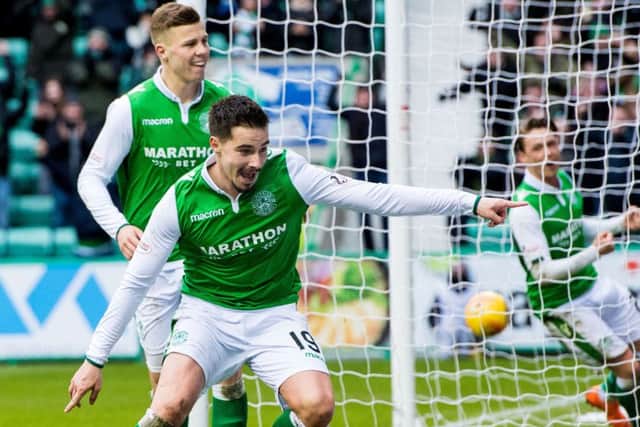 Hibernians Jamie Maclaren celebrates his goal against Partick Thistle on Saturday