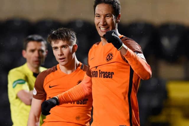 Dundee United's Bilel Mohsni celebrates his goal. Picture: SNS