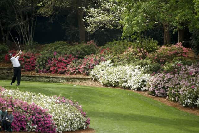 Sandy Lyle tees off at the 13th in one of his practice rounds at Augusta National. Picture: AP