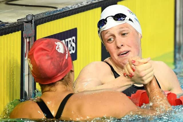 Hannah Miley, right, congratulates Aimee Willmott after the 400m IM final  PICTURE: Getty Images