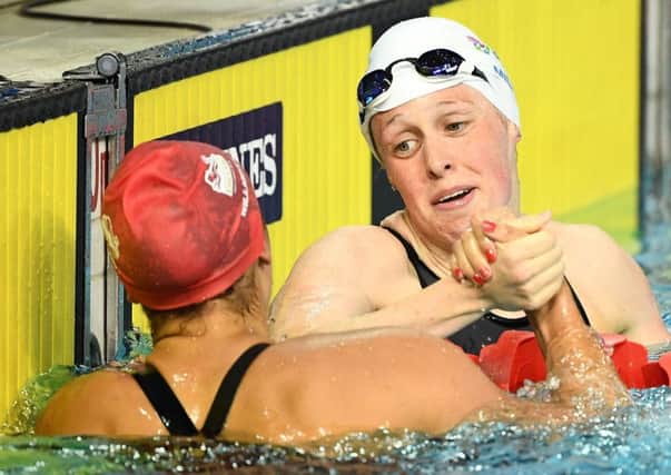 Hannah Miley, right, congratulates Aimee Willmott after the 400m IM final  PICTURE: Getty Images