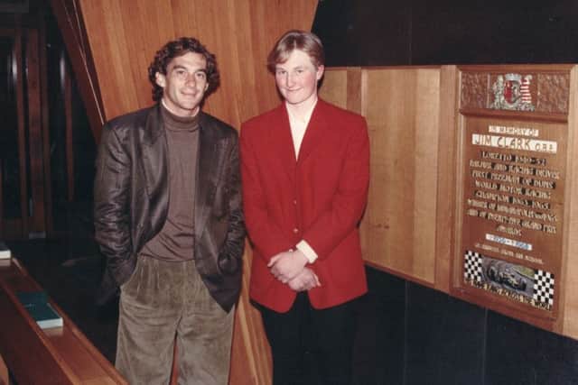 Ayrton Senna with pupil Daniel Davidson at Loretto School in Musselburgh in 1991.