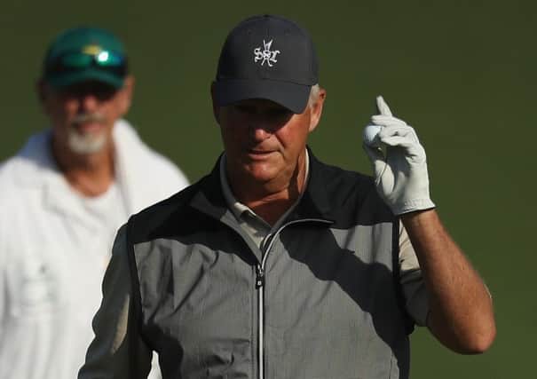 Sandy Lyle waves on the second hole during the second round of the Masters. Picture: Getty Images