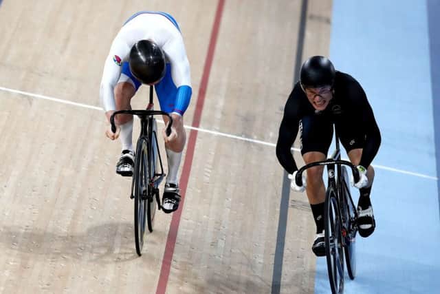 Scotland's Jack Carlin, left, loses the sprint final to Sam Webster of New Zealand. PICTURE: PA
