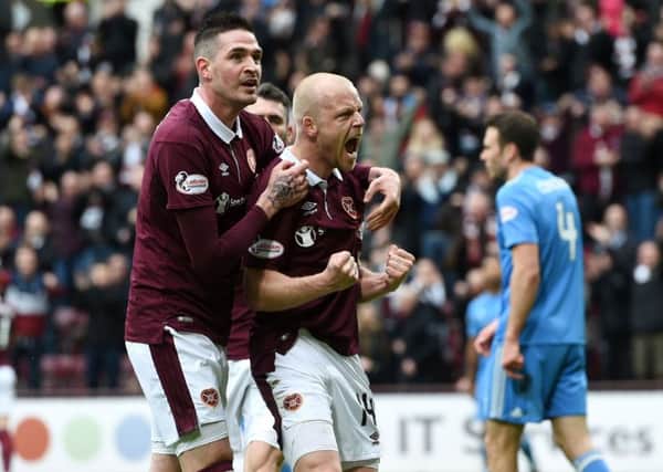 Hearts' Steven Naismith celebrates giving the home side the lead. Picture: SNS/Craig Foy