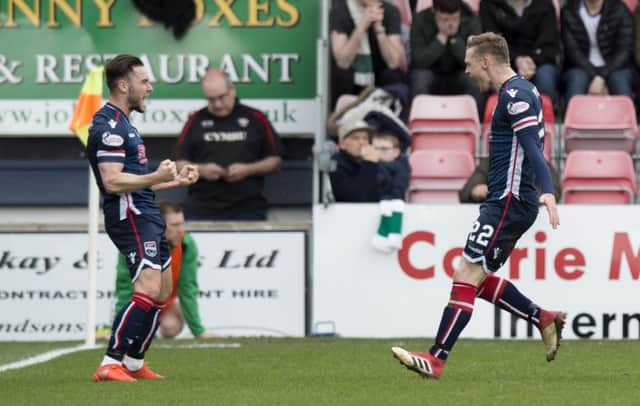 Ross County's Billy McKay celebrates his goal with Alex Schalk. Picture: SNS/Ross Parker