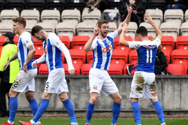 Kilmarnock's Stuart Findlay celebrates his goal with Jordan Jones. Picture: SNS/Gary Hutchison