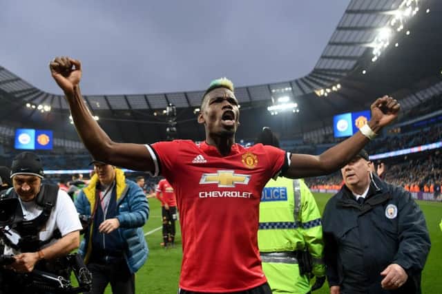 Paul Pogba celebrates Manchester United's 3-2 win over Manchester City. Picture: Michael Regan/Getty Images