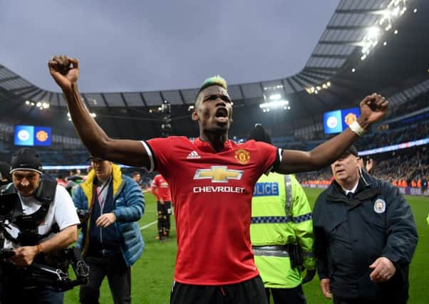 Paul Pogba celebrates Manchester United's 3-2 win over Manchester City. Picture: Michael Regan/Getty Images