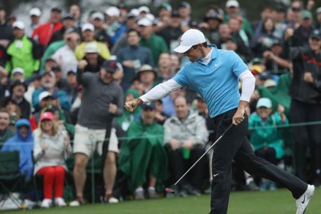Rory McIlroy celebrates after closing with a birdie in a bogey-free 65 in the third round of the 82nd Masters. Picture: Getty Images