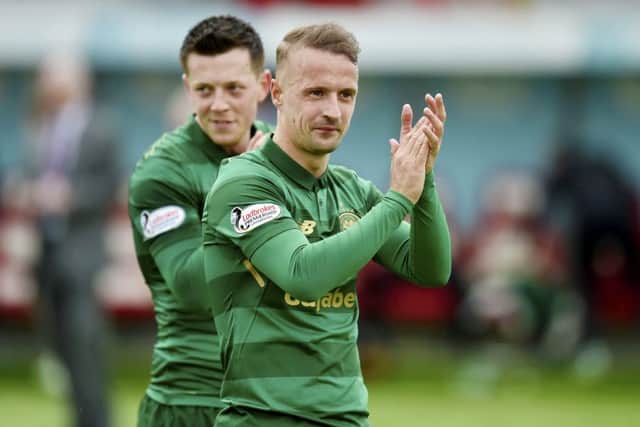 Matchwinner Leigh Griffiths celebrates Celtic's victory over Hamilton at full-time. Picture: SNS.