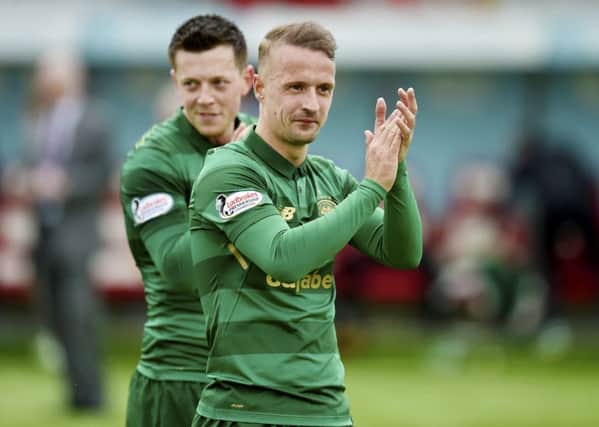 Matchwinner Leigh Griffiths celebrates Celtic's victory over Hamilton at full-time. Picture: SNS.