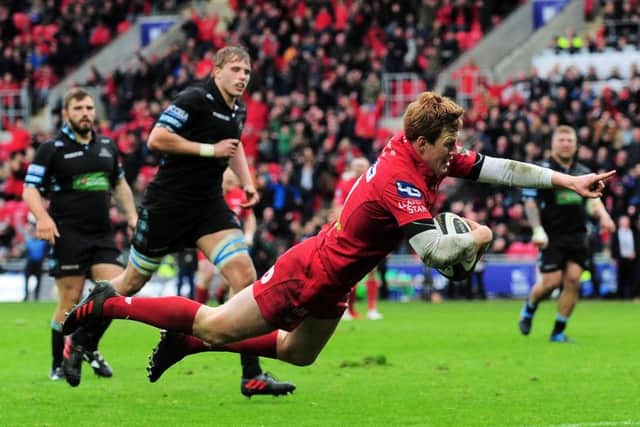 Rhys Patchell scores a try for Scarlets. Picture: Alex Davidson/INPHO/Rex/Shutterstock
