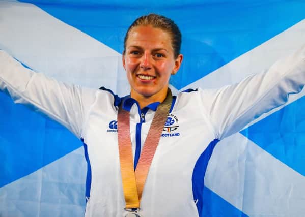 Scotland's Neah Evans during the medal ceremony of the women's cycling 10km scratch. Picture: AFP PHOTO / Patrick HAMILTONPATRICK HAMILTON/AFP/Getty Images