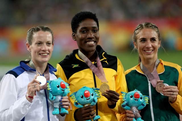 Scotland's Eilidh Doyle, Jamaica's Janieve Russell and South Africa's Wenda Nel celebrate with their medals. PICTURE: PA