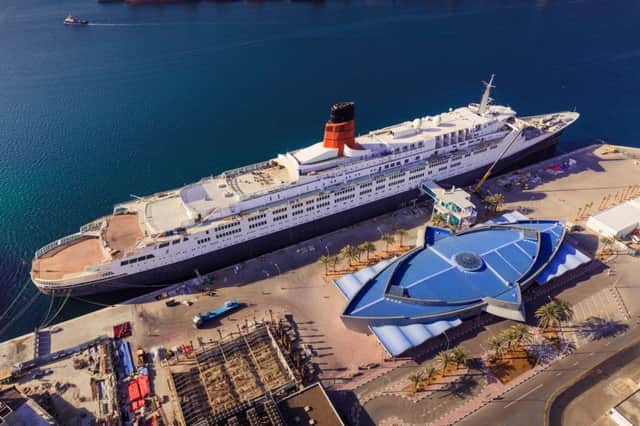 The QE2 moored at her berth in Dubai Port