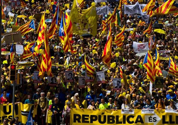 BARCELONA, SPAIN - APRIL 15:  Catalonia Independence supporters march during a demonstration in Barcelona. Picture: David Ramos/Getty