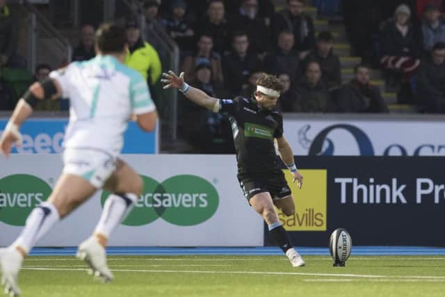 Man of the match Peter Horne converts one of Glasgows four tries on a satisfying night for the No 10. Picture: SNS